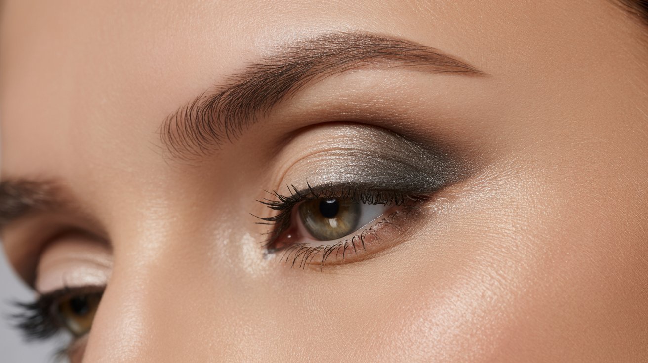 Close-up of a woman's eye with expertly applied makeup, emphasizing the lashes and eye contour.