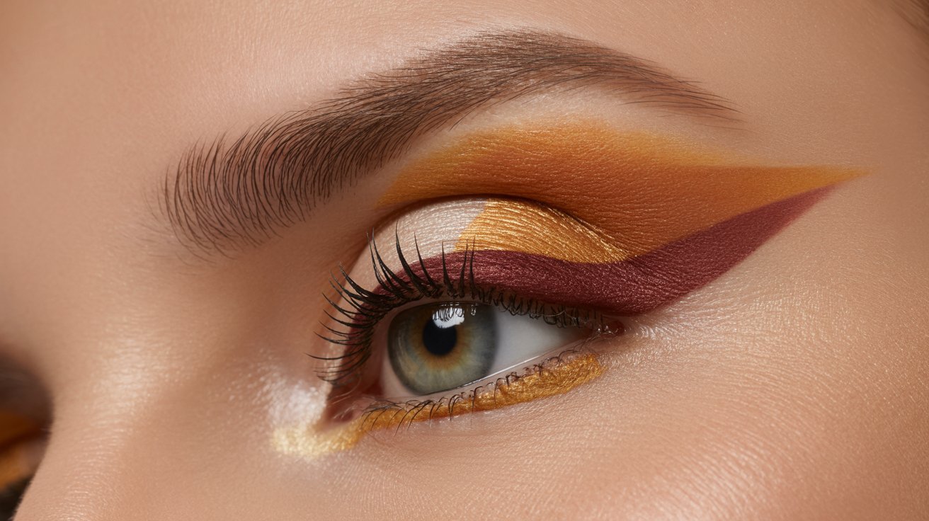 Close-up of a woman's eye showcasing vibrant eye shadow in bright colors, highlighting her eyelashes and iris details.
