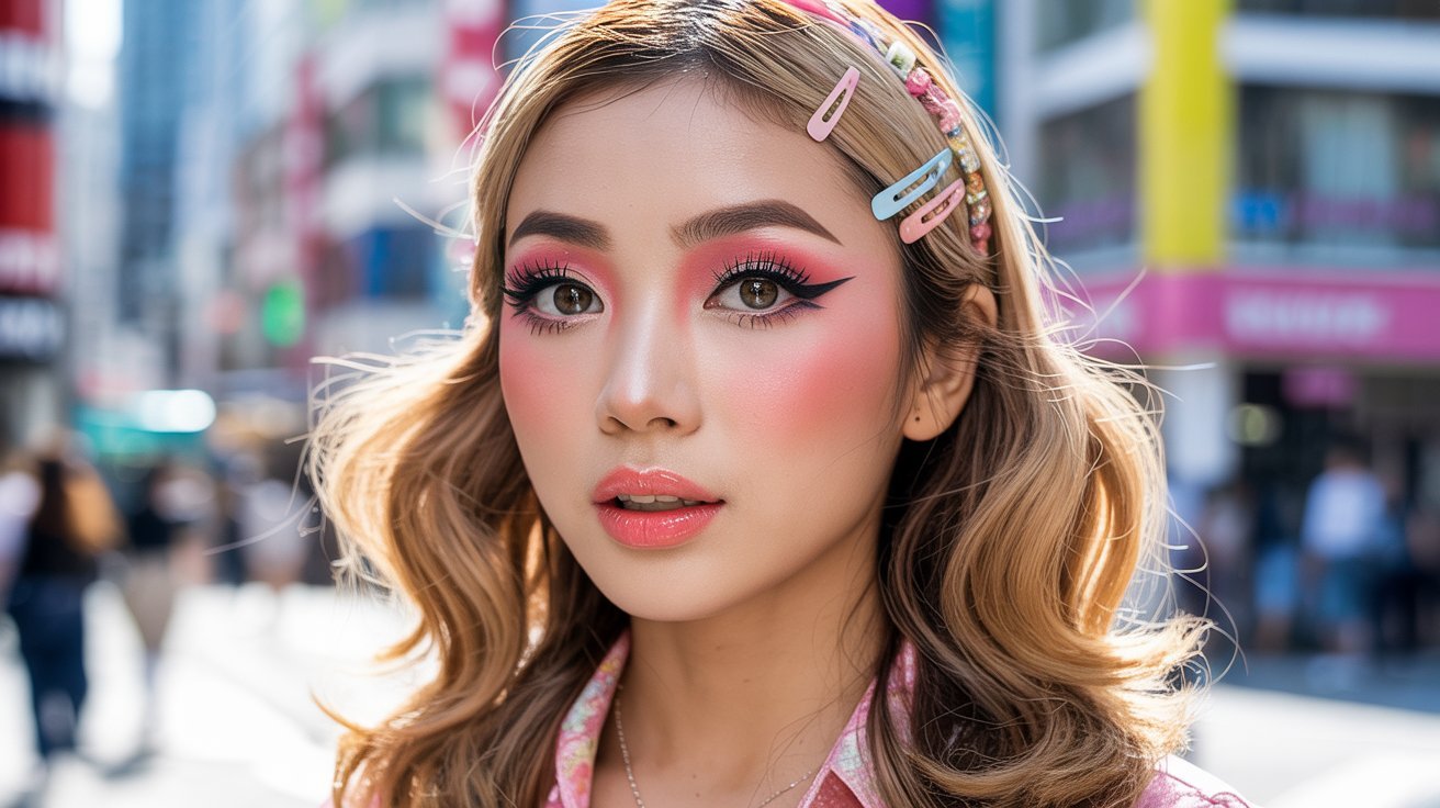 A woman with vibrant pink makeup and a matching pink hairband, showcasing a bold and playful style.