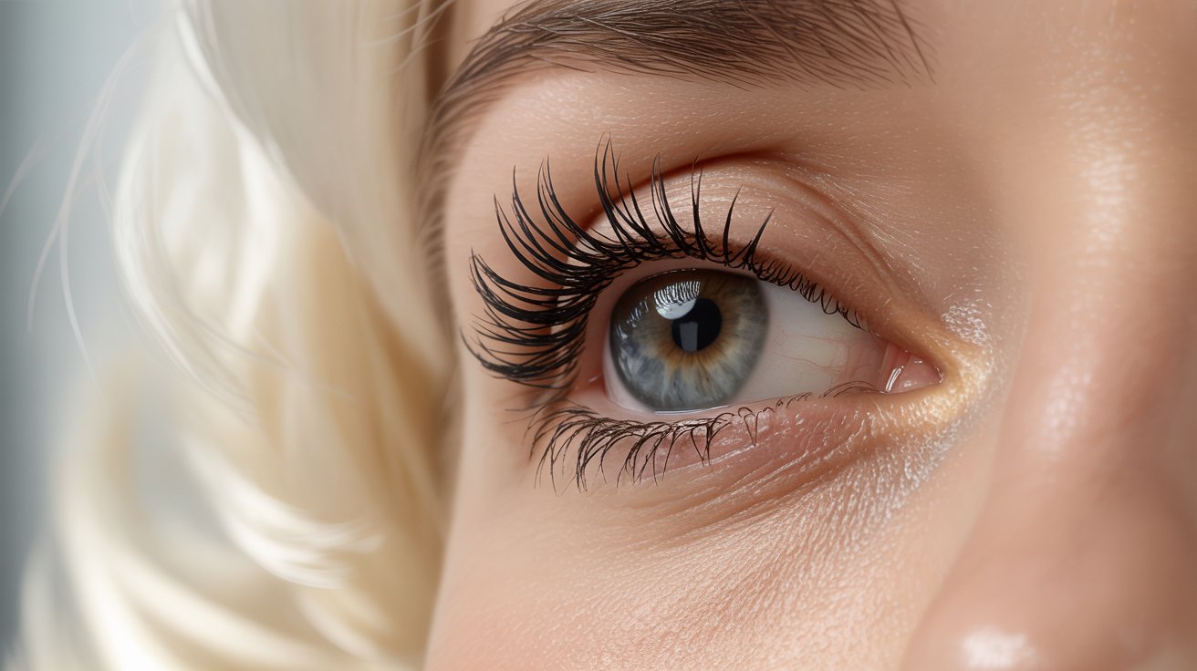 Close-up of a woman's eye showcasing long, elegant eyelashes against a soft, blurred background.
