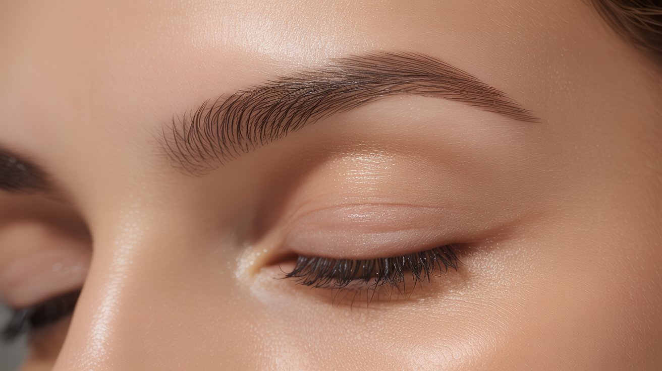 A close-up of a woman's eye showcasing long, elegant eyelashes against a soft background.