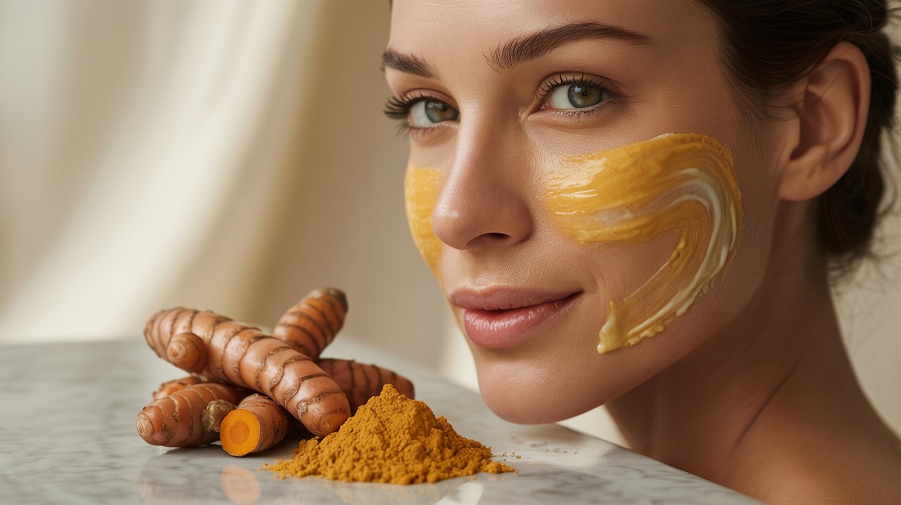 A woman wearing a face mask made of turmeric, showcasing her skincare routine and natural beauty treatment.