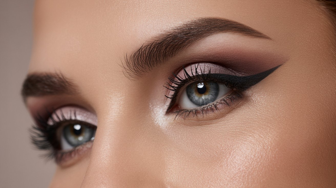 Close-up of a woman's eye showcasing intricate makeup, highlighting vibrant colors and detailed eyeliner.