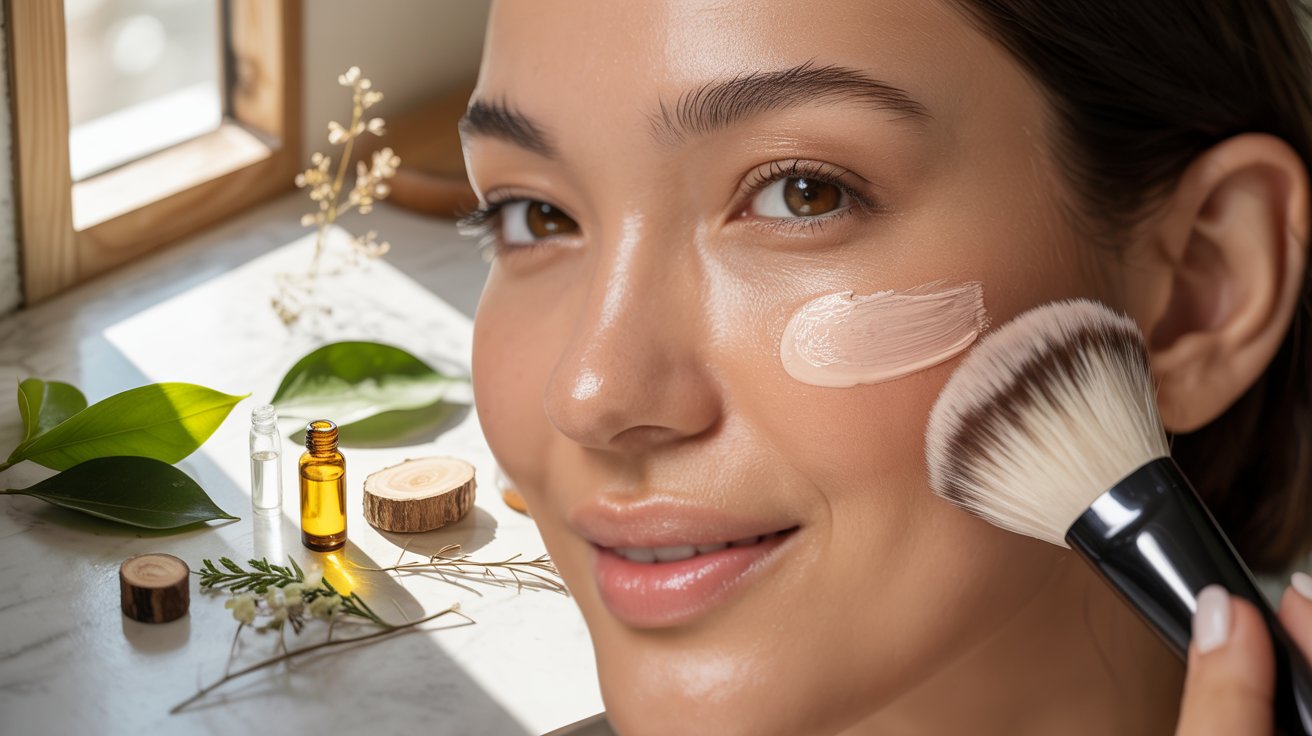 Young woman applying face cream with a brush while smiling. Natural light highlights her skin. Background includes plants and essential oil bottles. Calm and fresh mood.