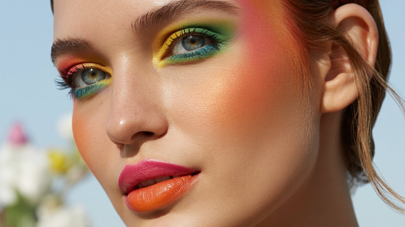 A woman with vibrant makeup and strikingly colorful eyes, showcasing a bold and artistic beauty look.
