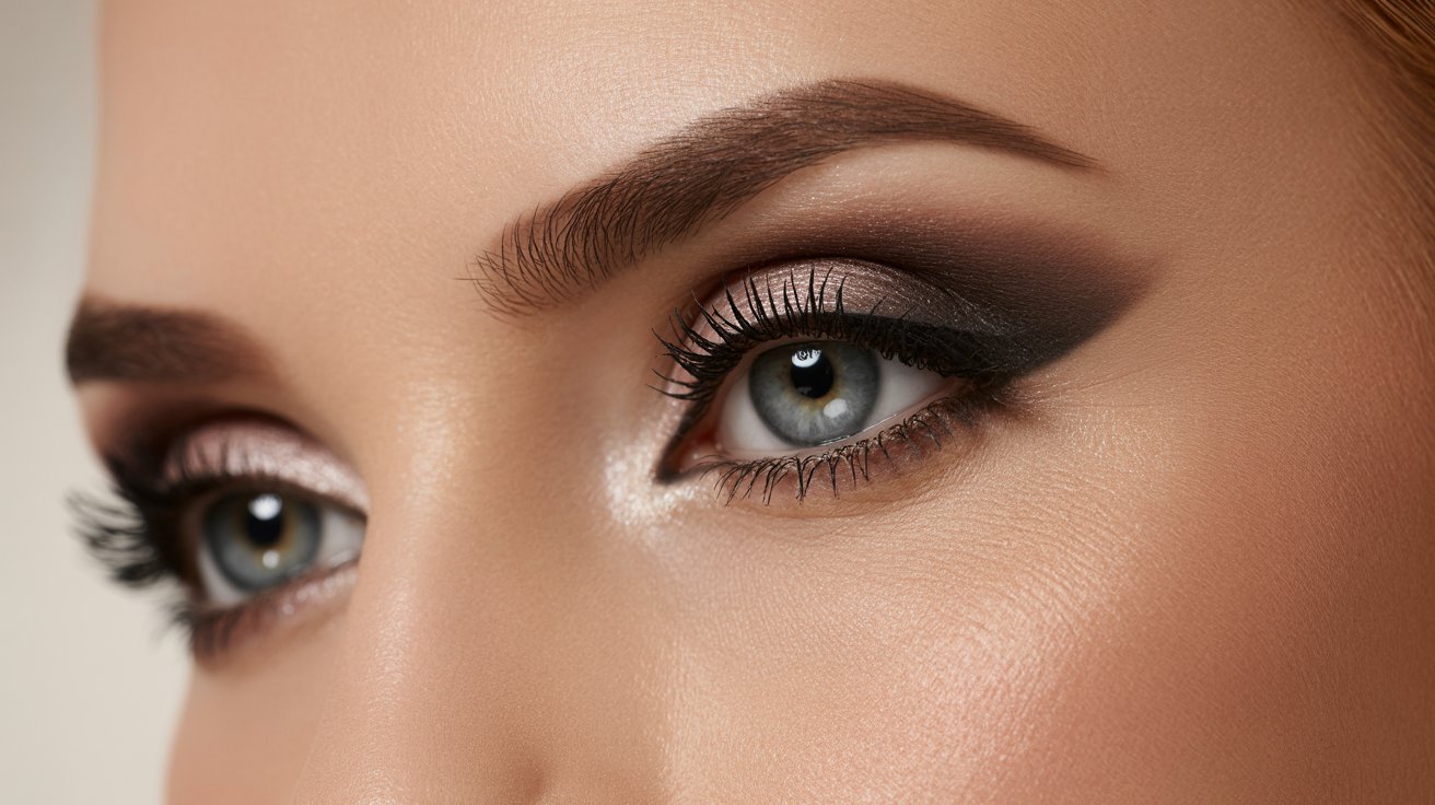 A woman with blue eyes accentuated by dark makeup, creating a captivating and intense appearance.