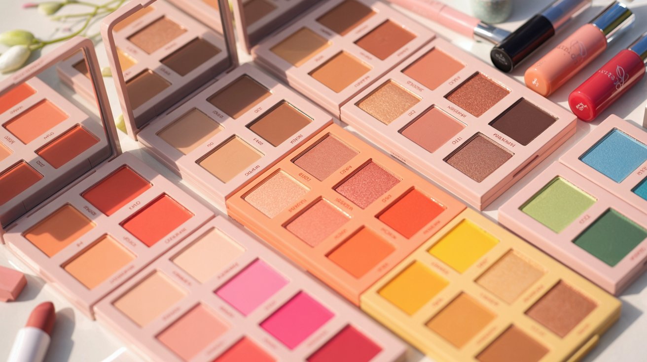  A variety of colorful makeup products displayed on a table, including lipsticks, eyeshadows, and blushes.

