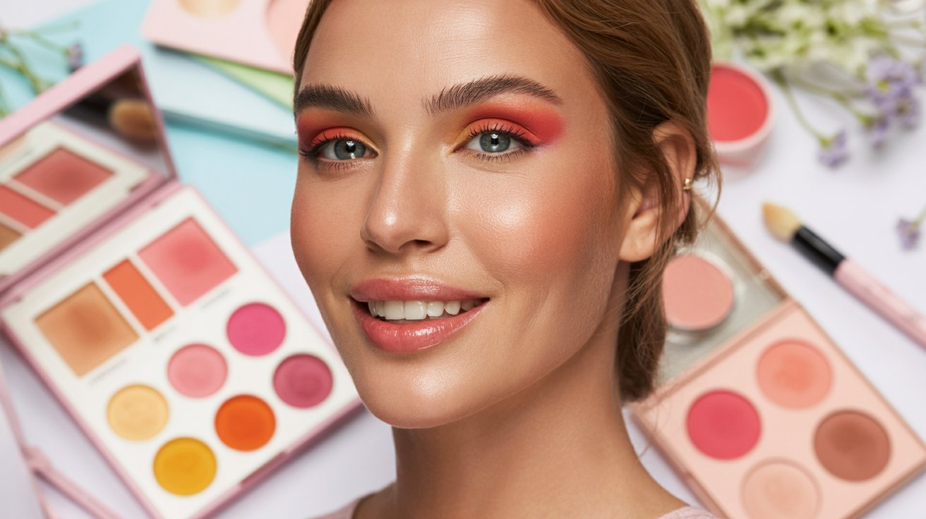 Glamorous woman with makeup, displaying cosmetics on a bright white background.