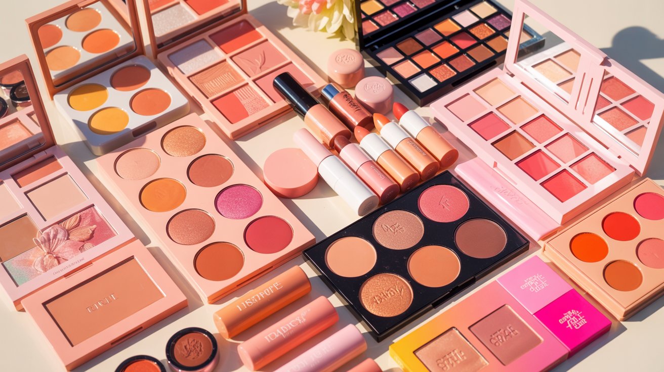 A flat lay of top summer makeup products, including sunscreen, bronzer, and vibrant lip colors on a bright background.
