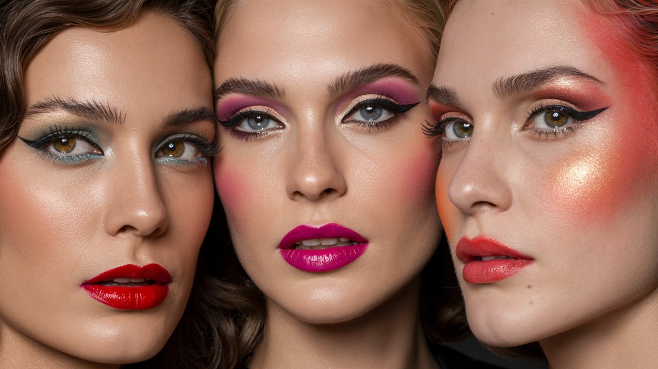 Three women showcasing vibrant makeup and striking eye makeup, highlighting their unique styles and expressions.