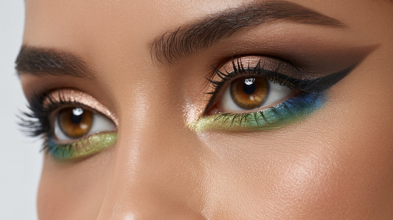 A woman with striking green and blue eyes gazes thoughtfully into the distance.