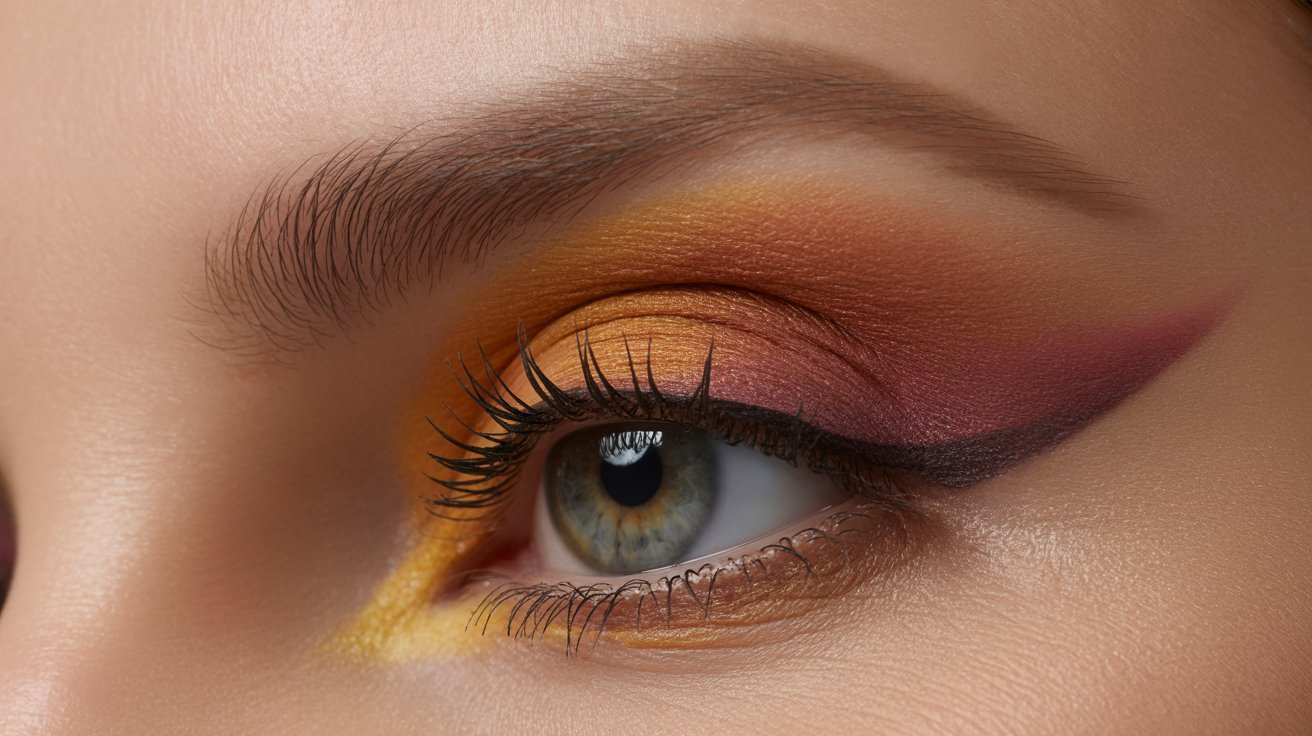 Close-up of a woman's eye adorned with vibrant orange and yellow makeup, highlighting her eyelashes and eyelid details.