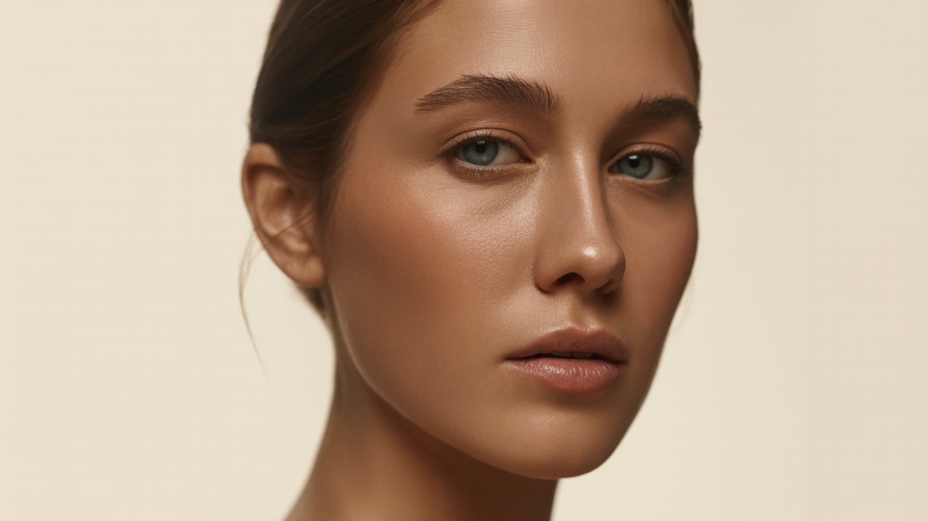 A woman with smooth skin and subtle makeup gazes calmly at the camera, conveying a serene and confident mood against a neutral background.