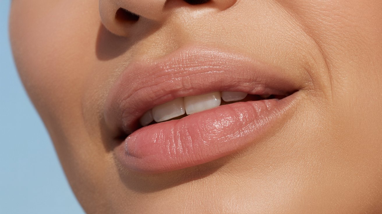 Close-up of a woman's lips adorned with vibrant pink lipstick, showcasing a smooth and glossy finish.