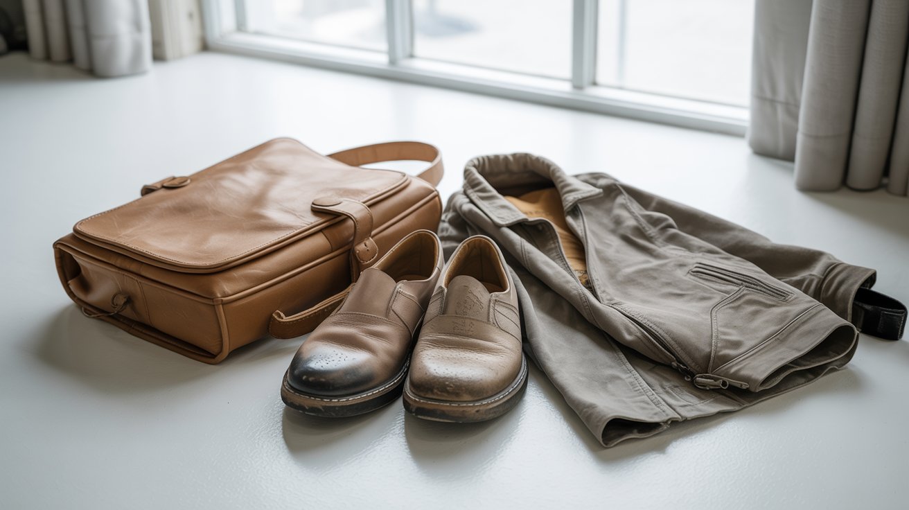 Brown leather bag, slip-on shoes, and gray pants arranged neatly on a light floor by a window, conveying a sophisticated, casual tone.