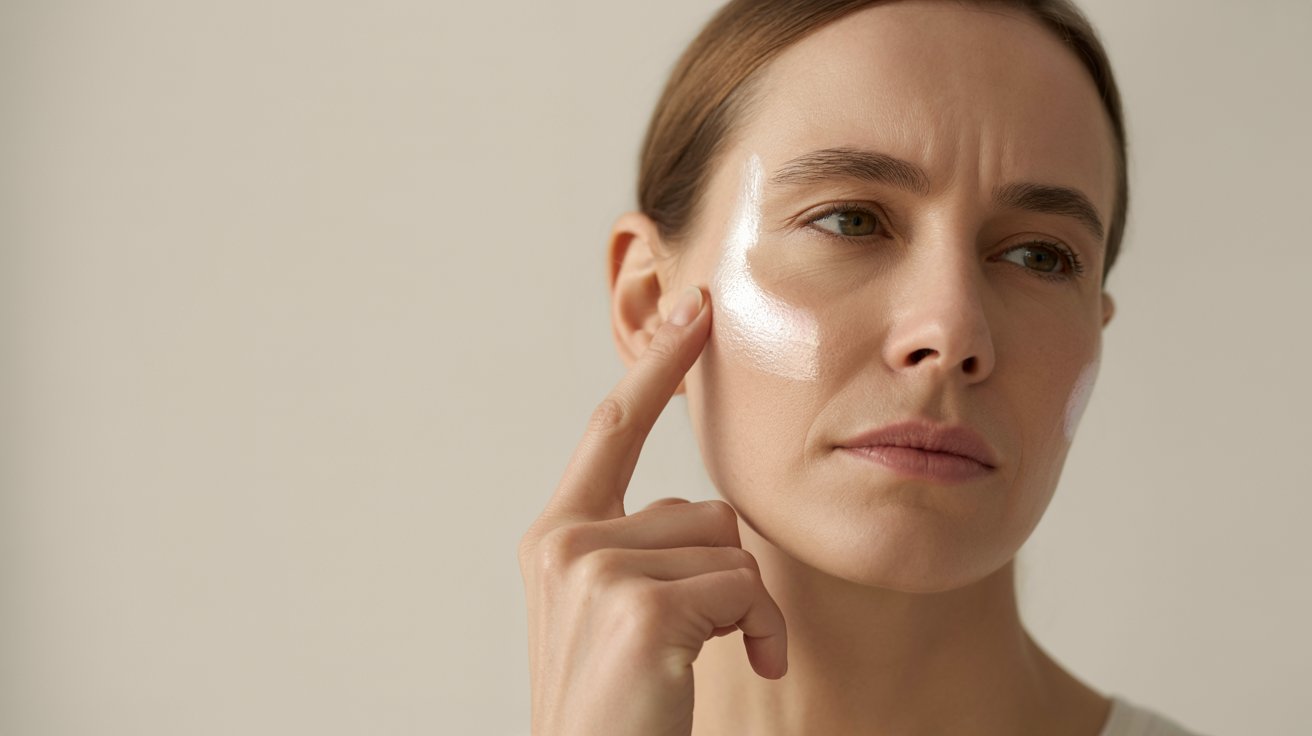 A thoughtful person applies a cream to their cheek, contemplating skincare. The neutral background and soft lighting create a calm, introspective mood.