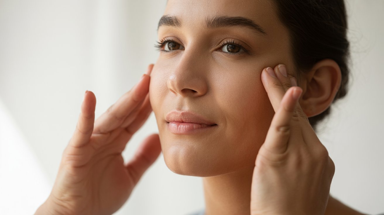 A woman gently massages her temples with a calm expression. She appears relaxed, with natural lighting highlighting her serene and peaceful mood.