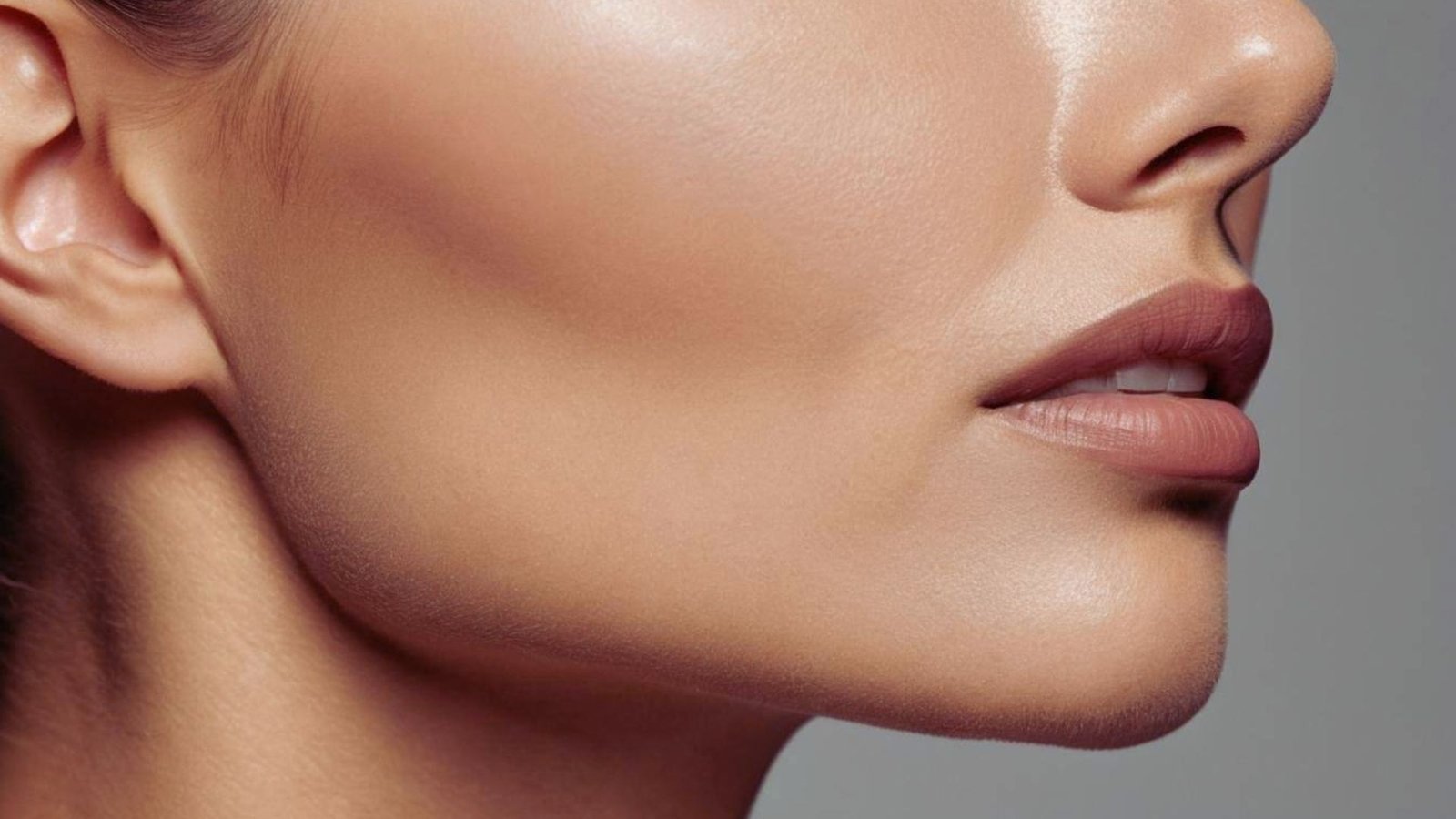 Close-up of a woman's lower face showing smooth skin, high cheekbones, and neutral-toned lips. The tone is elegant and serene.