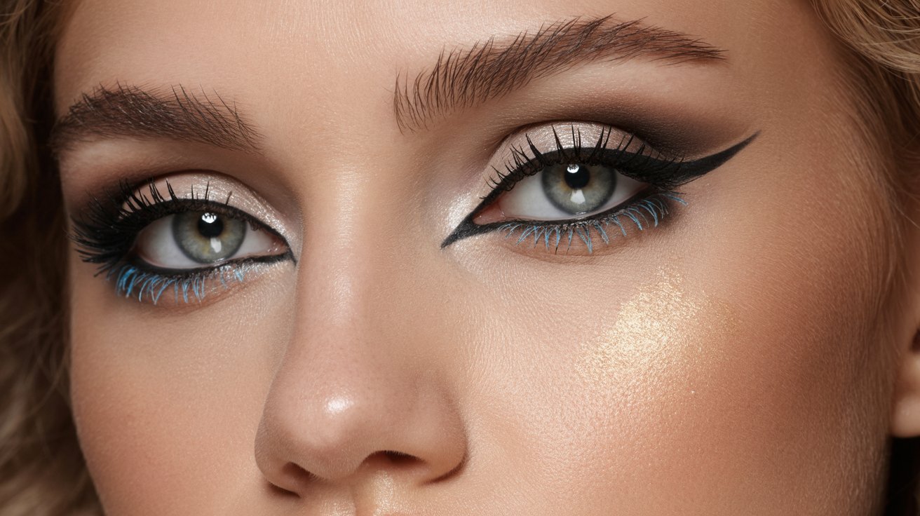 A woman with blue eyes and makeup, showcasing a vibrant and polished appearance.