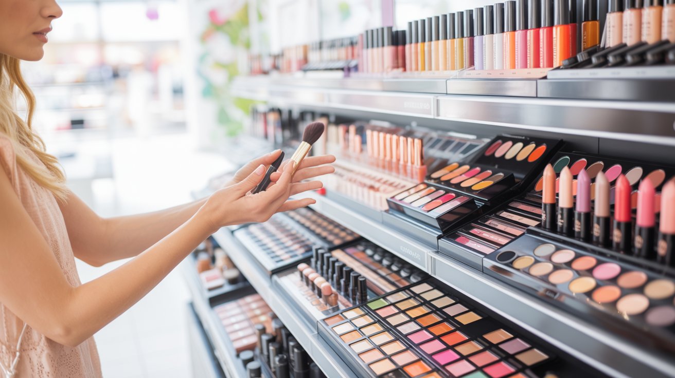 A woman examines various makeup products on display in a retail store.