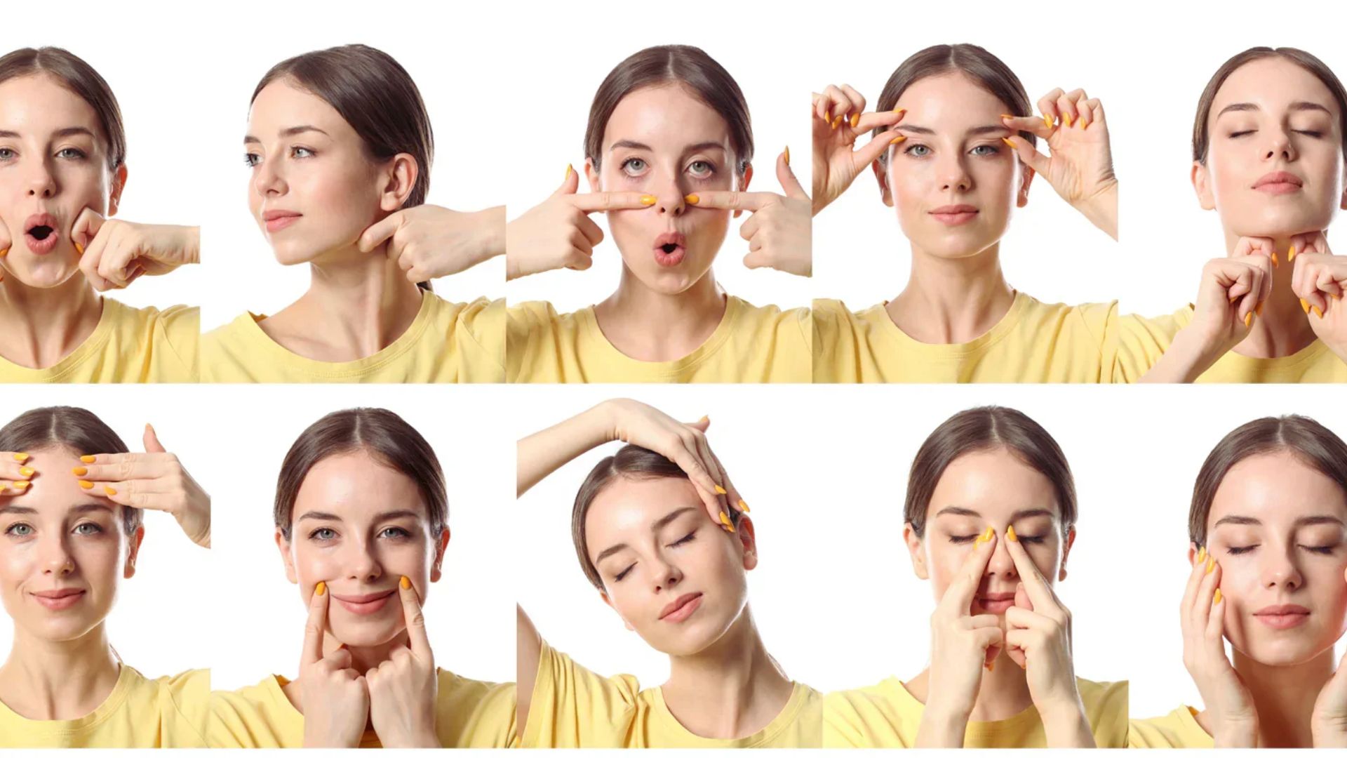 Collage of a woman performing facial exercises. She wears a yellow top and makes various expressions, conveying concentration and effort.