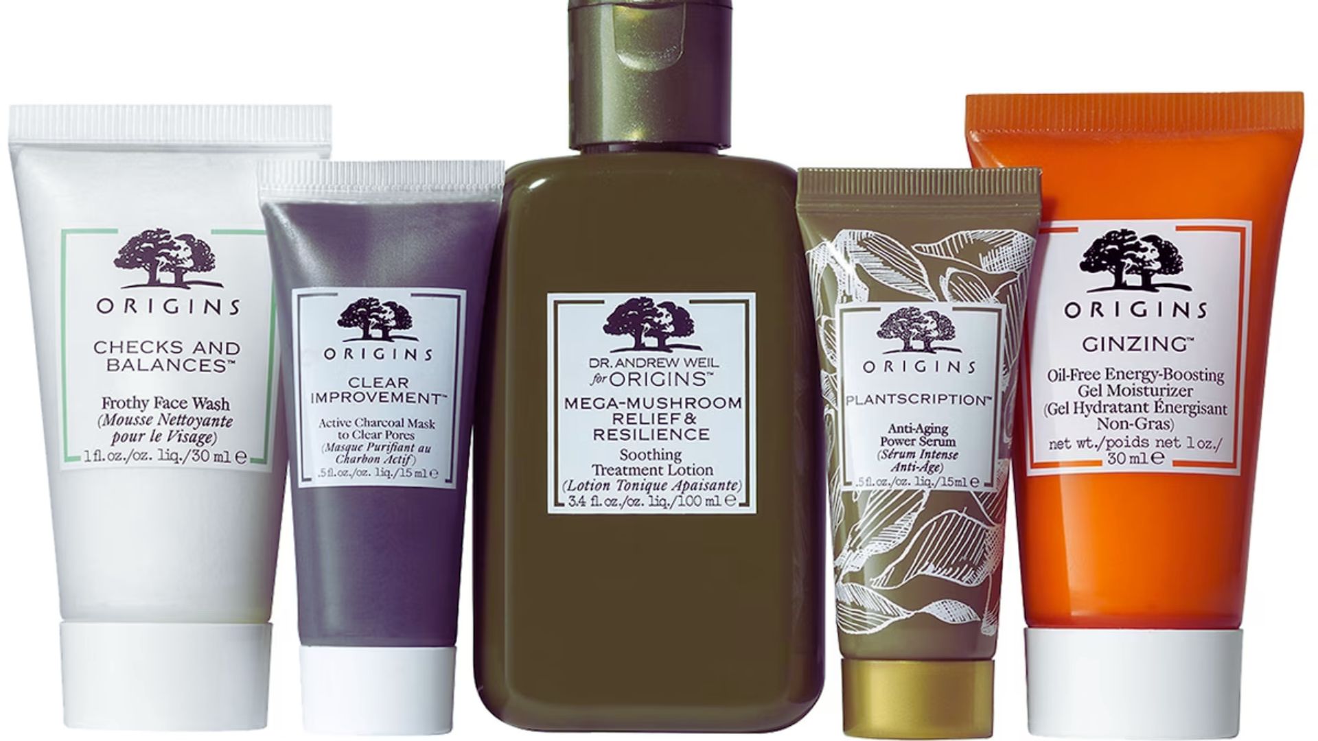 Set of five Origins skincare products, including face wash, charcoal mask, treatment lotion, anti-aging serum, and gel moisturizer in varied colors and sizes.