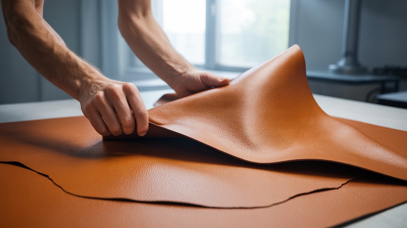 Close-up of hands measuring a piece of brown leather on a worktable, under soft lighting from a window. The scene conveys craftsmanship and precision.