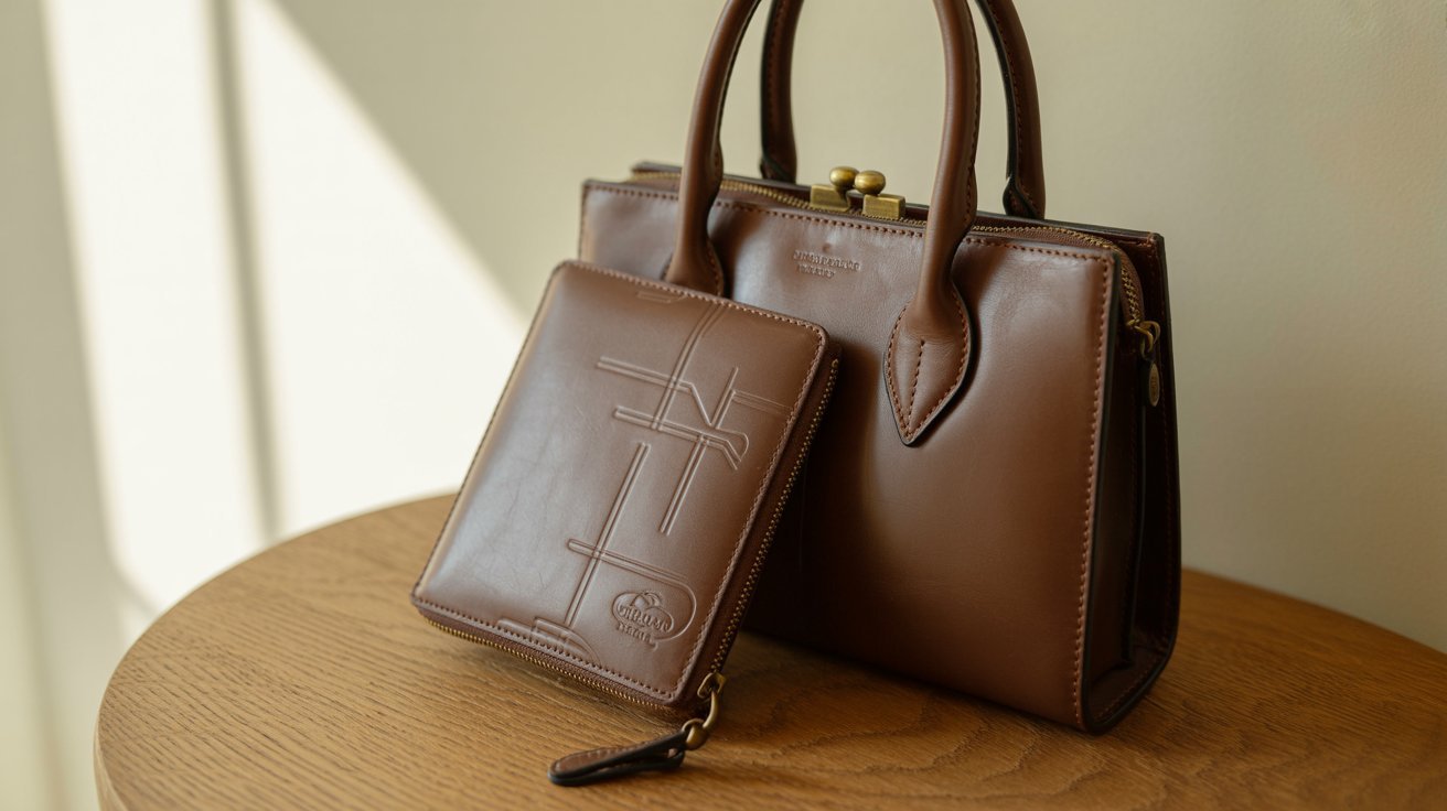 A brown leather handbag and matching pouch sit on a wooden surface, bathed in soft sunlight, conveying a sense of elegance and sophistication.