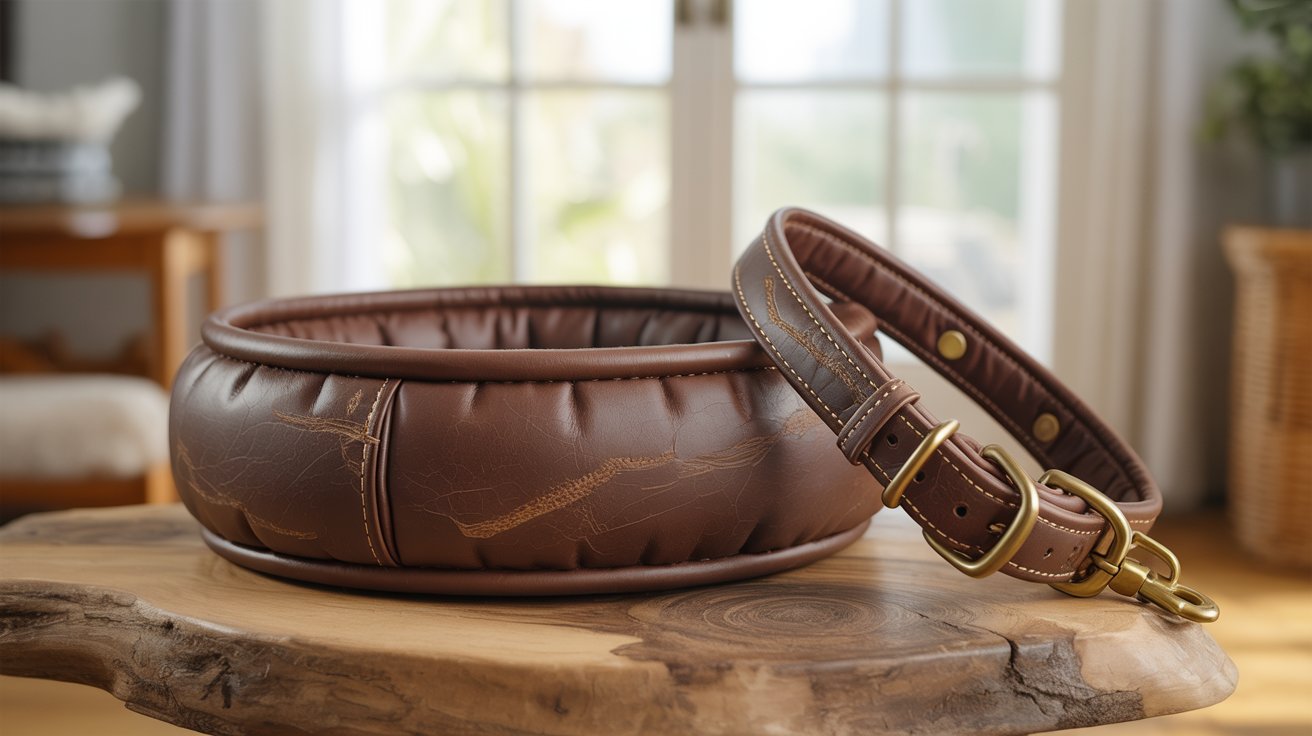 Brown leather pet bed and collar with gold buckles sit on a rustic wooden table. Sunlight filters through nearby windows, creating a cozy, warm atmosphere.