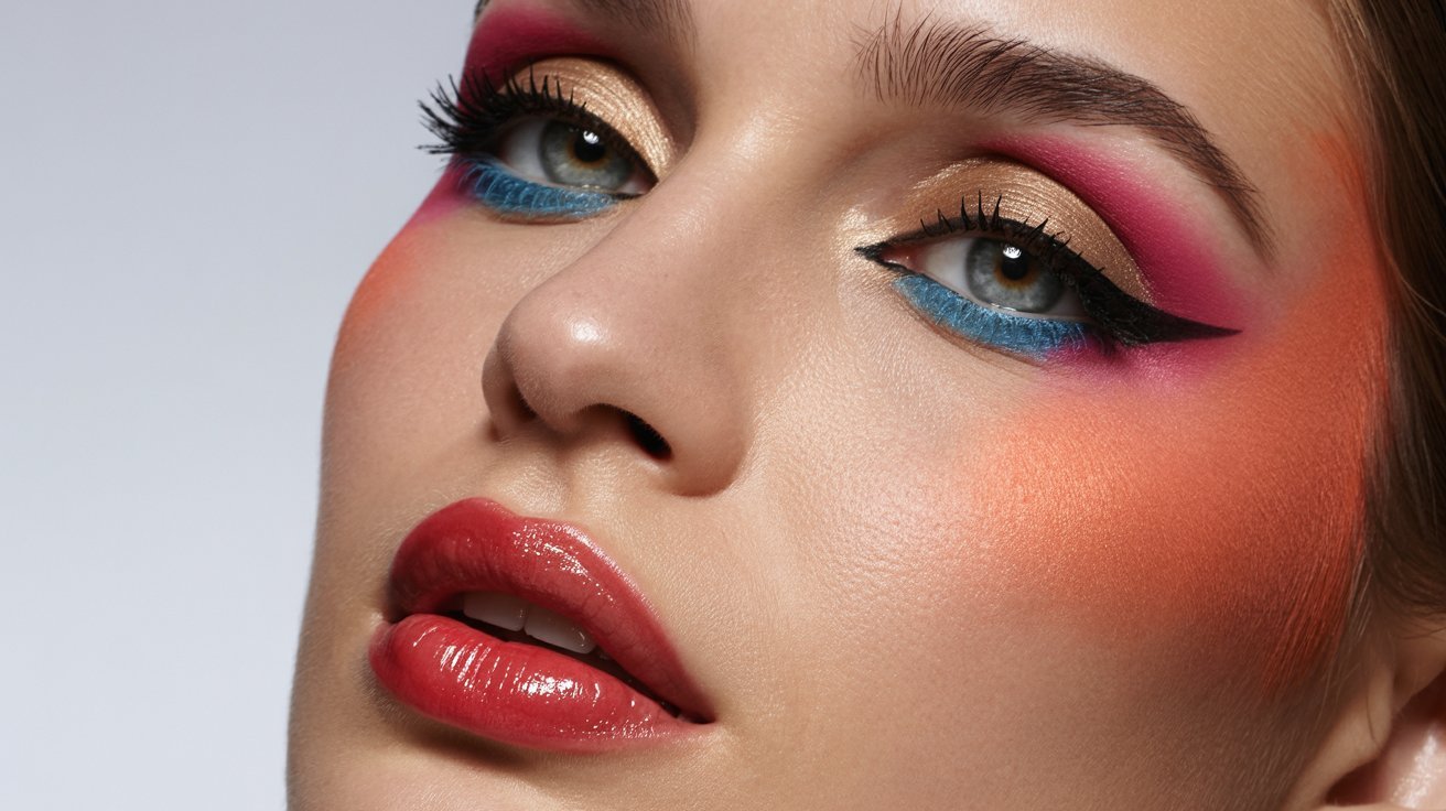 A woman with vibrant makeup and strikingly bright eyes, showcasing a bold and colorful appearance.