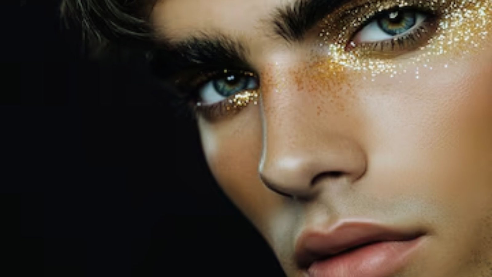 A man with gold glitter applied to his face, creating a shimmering and festive appearance.