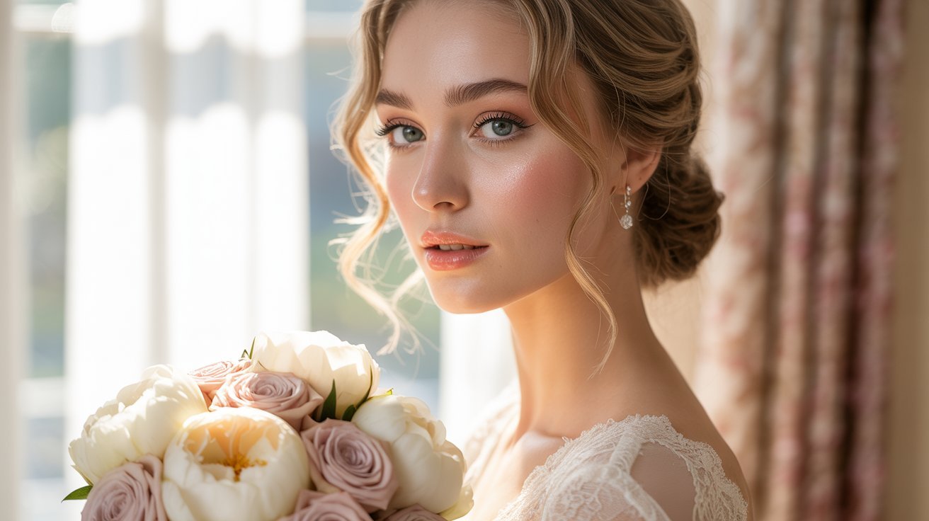 Beautiful bride holding a wedding bouquet, gazing out of a window, with soft light illuminating her features.