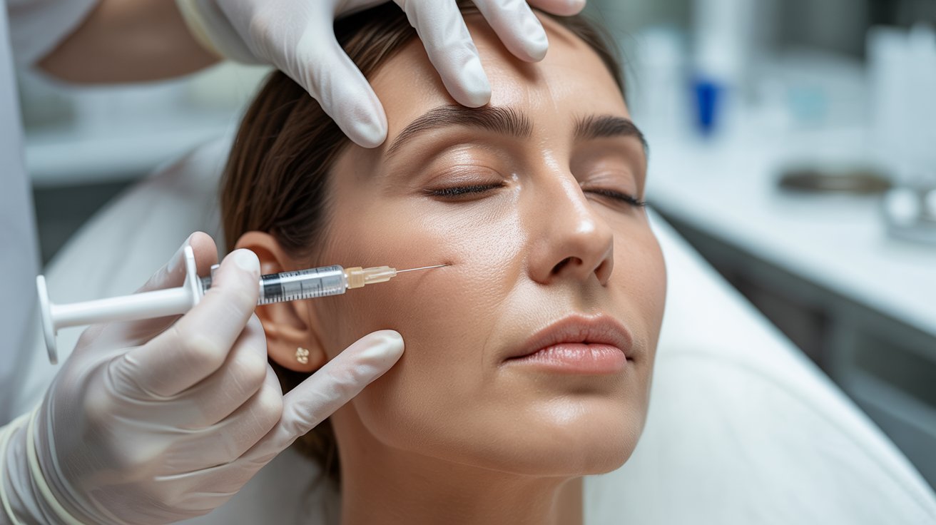 A woman receives a cosmetic injection in her cheek. She appears relaxed with closed eyes. Gloved hands hold the syringe, conveying a clinical setting.
