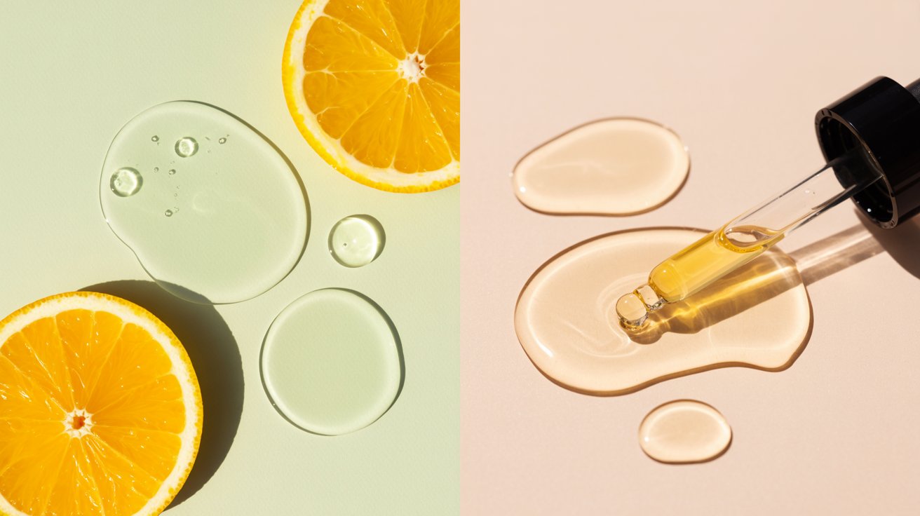 On the left, citrus slices with clear liquid droplets on a light surface convey freshness. On the right, a dropper and serum pools suggest skincare.