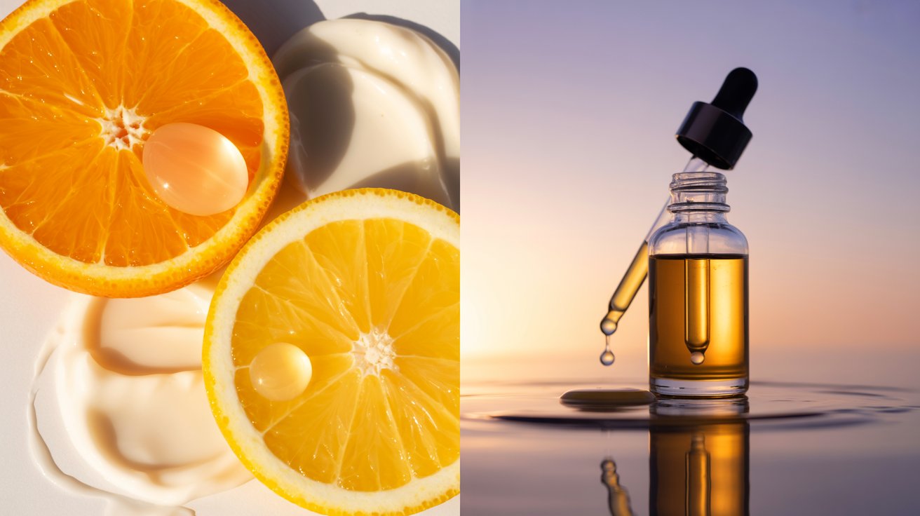 Orange slices on a creamy white background next to a dropper bottle with golden liquid against a calm water surface at sunset. Bright, fresh, and serene.
