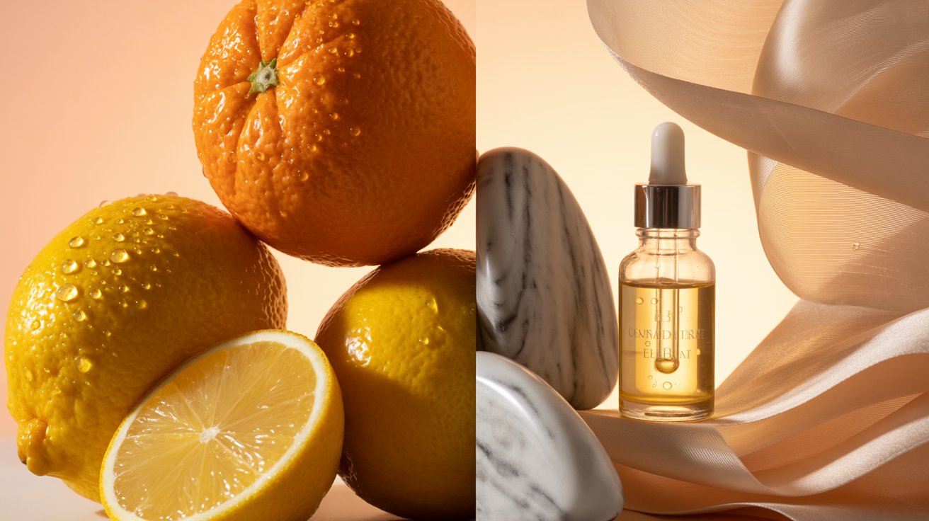 Close-up of citrus fruits on the left, including a glistening orange and lemons, next to a serum bottle placed among marble stones and flowing fabric. Bright, fresh, and elegant tone.