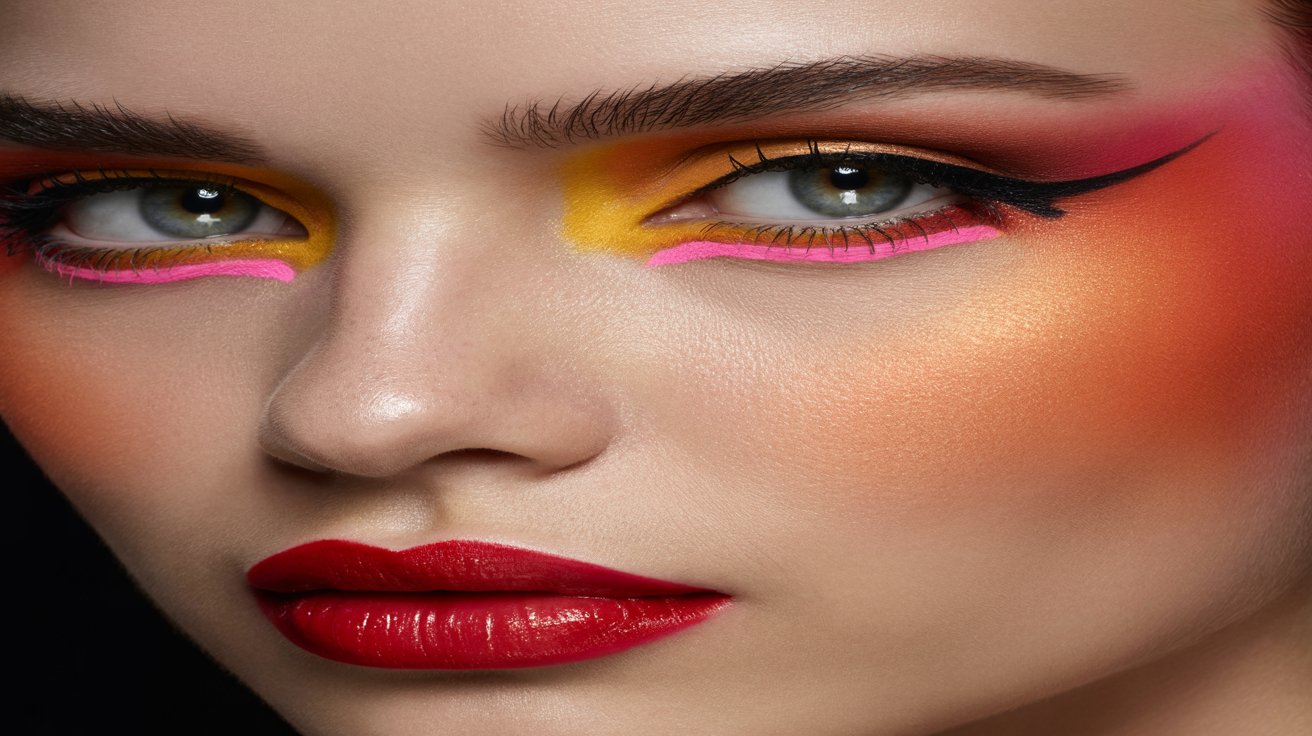 Beautiful woman with vibrant makeup and striking bright eyes, exuding confidence and charm.