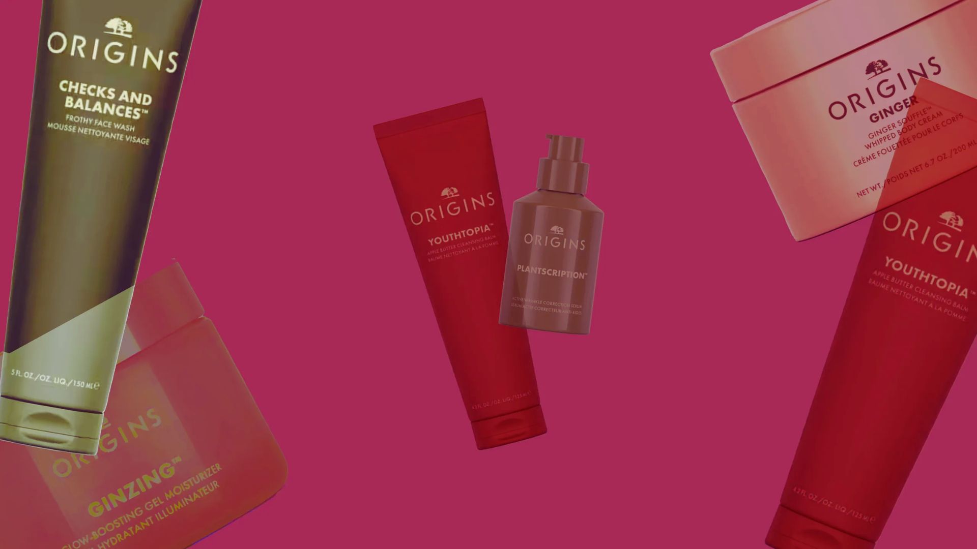 Collage of Origins skincare products against a magenta background, featuring various tubes and bottles in earthy tones, conveying a sense of luxury and self-care.