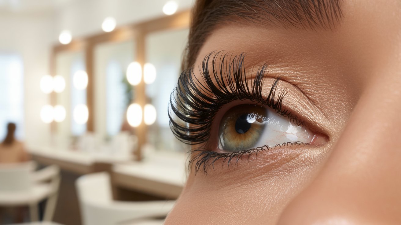 A close-up of a woman's eye with long eyelashes, reflected in a handheld mirror.