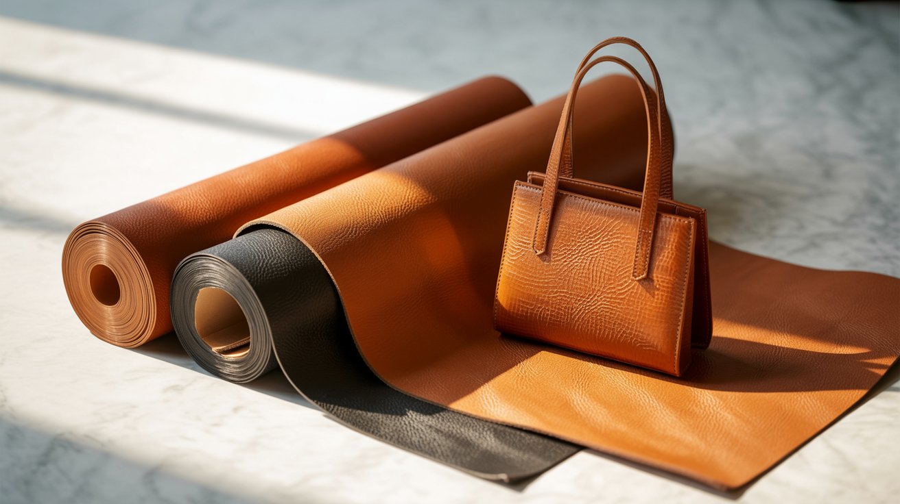 Three rolls of textured leather in shades of brown and black are spread out on a marble surface. A small, elegant brown handbag stands beside them.