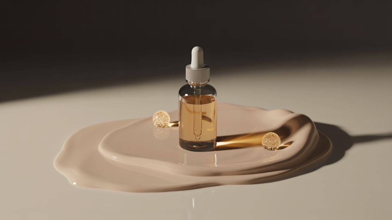 A glass dropper bottle filled with golden liquid is centered on a beige, glossy surface. Two small decorative spheres add an elegant touch. Soft lighting creates a calm, luxurious tone.