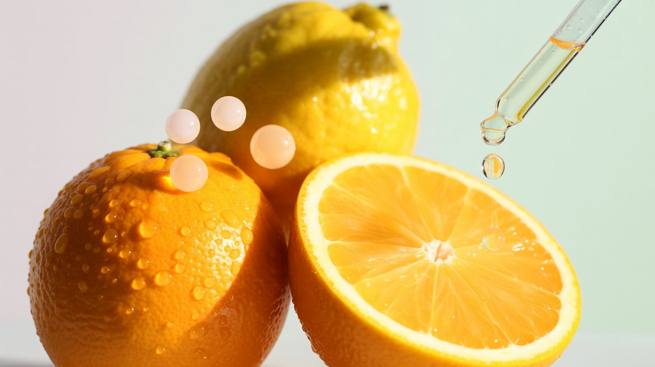 Close-up of a fresh orange and lemon with water droplets, next to a half-sliced orange. A dropper releases liquid nearby, suggesting freshness.