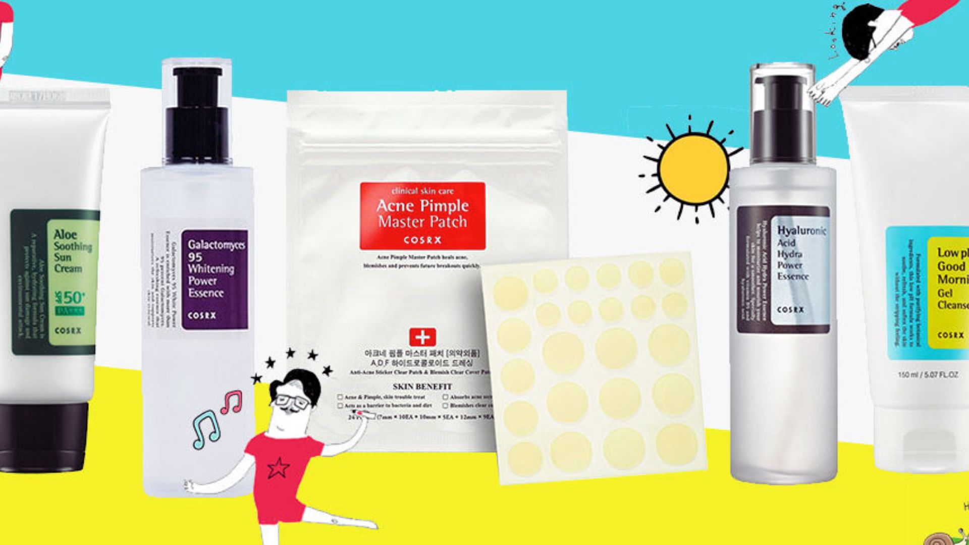 A colorful layout showcasing COSRX skincare products against a vibrant background. Includes sun cream, essence bottles, and acne patches, with playful illustrations.