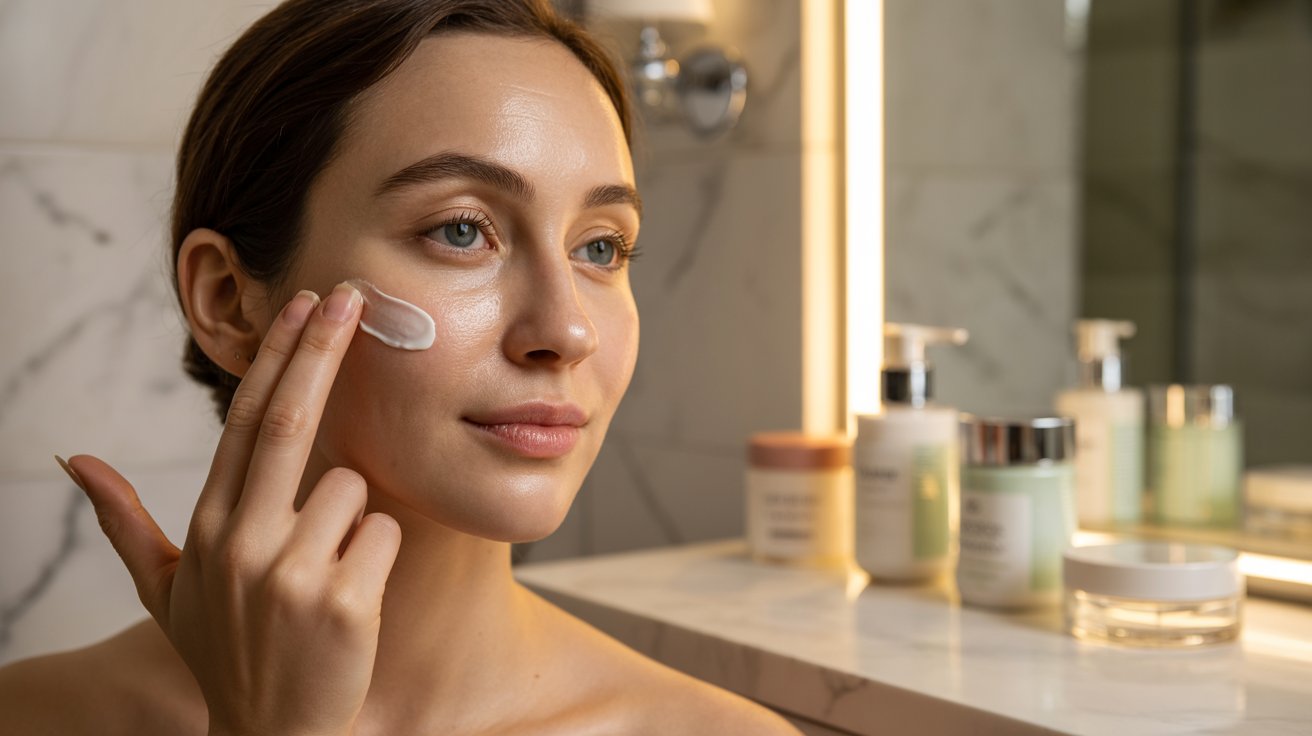 A woman applies cream to her face while looking into a mirror, focusing on her skincare routine.