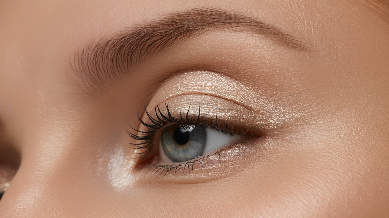 Close-up of a woman's eye showcasing intricate makeup, highlighting vibrant colors and detailed eyeliner.