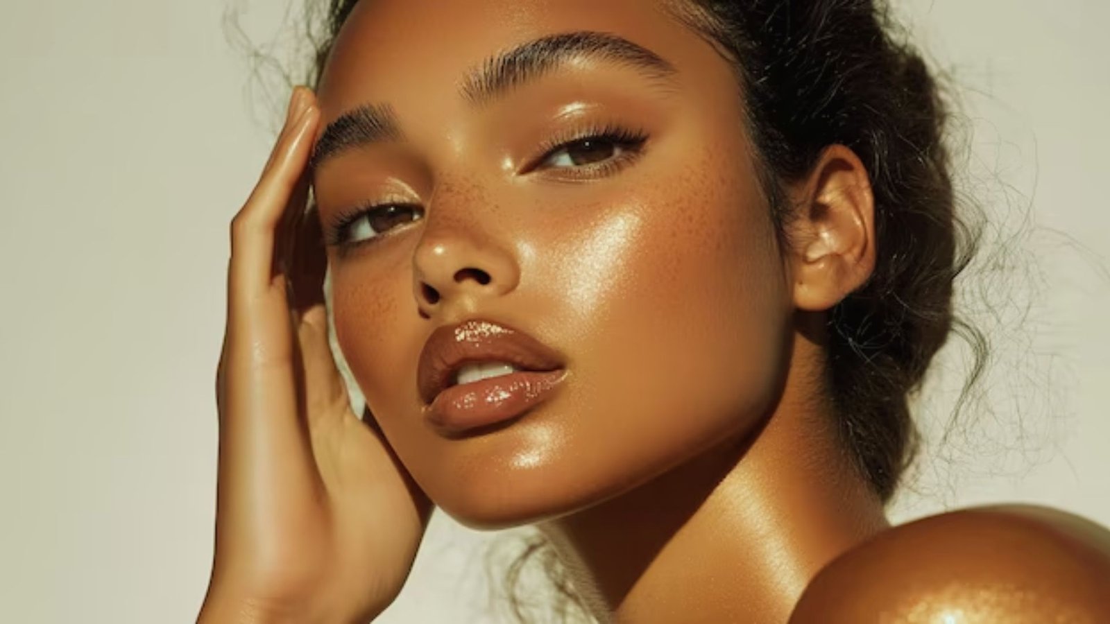 A woman with golden makeup accentuates her radiant skin, creating a striking and glamorous appearance.