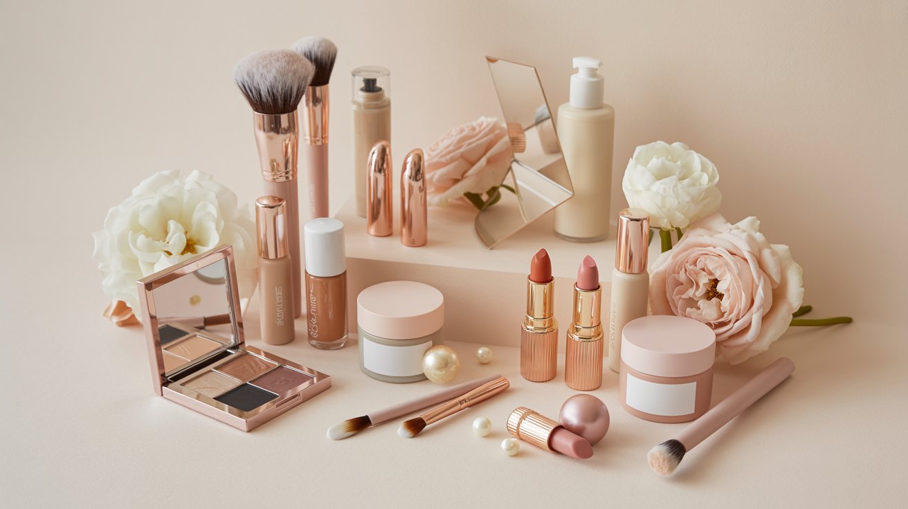 A collection of rose gold and nude makeup products, including brushes, lipsticks, and eyeshadow, are arranged on a beige surface with white flowers.