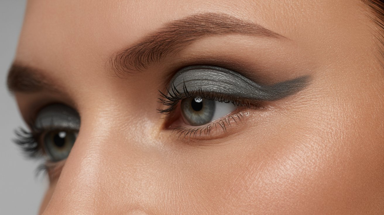 Close-up of a woman's eye adorned with elegant grey makeup, highlighting her eyelashes and eyelid details.
