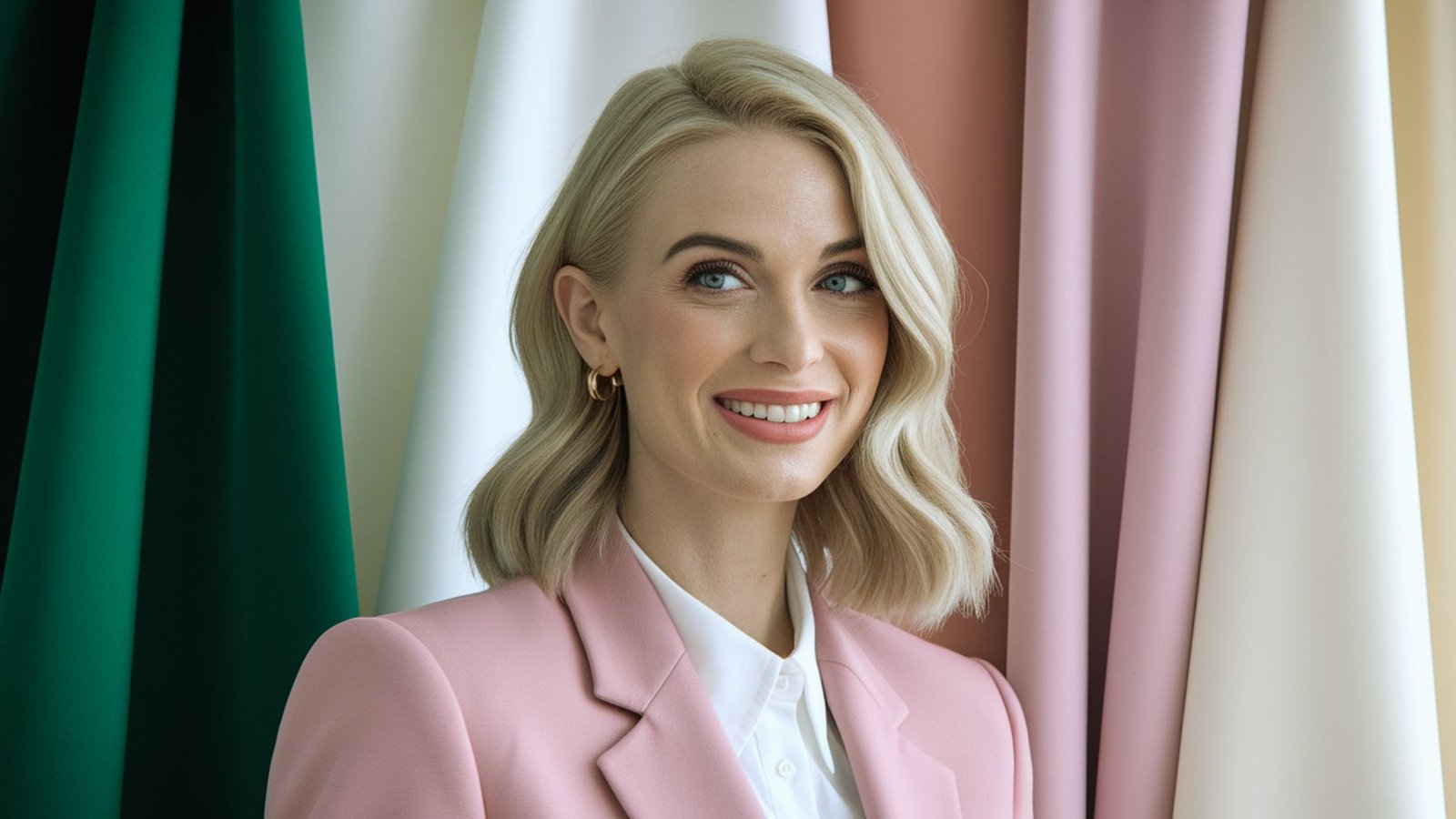  A woman in a pink suit stands confidently in front of vibrant, colorful curtains.