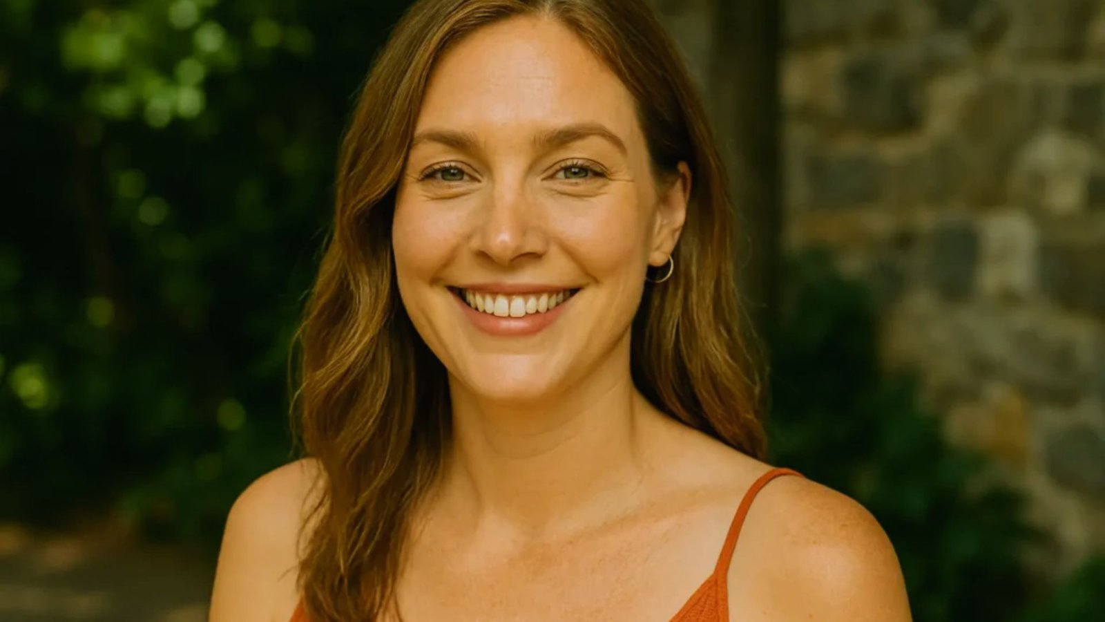 A woman smiles warmly in front of a textured stone wall, showcasing a cheerful expression.